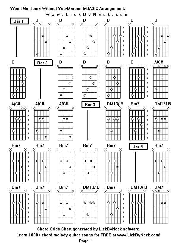 Chord Grids Chart of chord melody fingerstyle guitar song-Won't Go Home Without You-Maroon 5-BASIC Arrangement,generated by LickByNeck software.